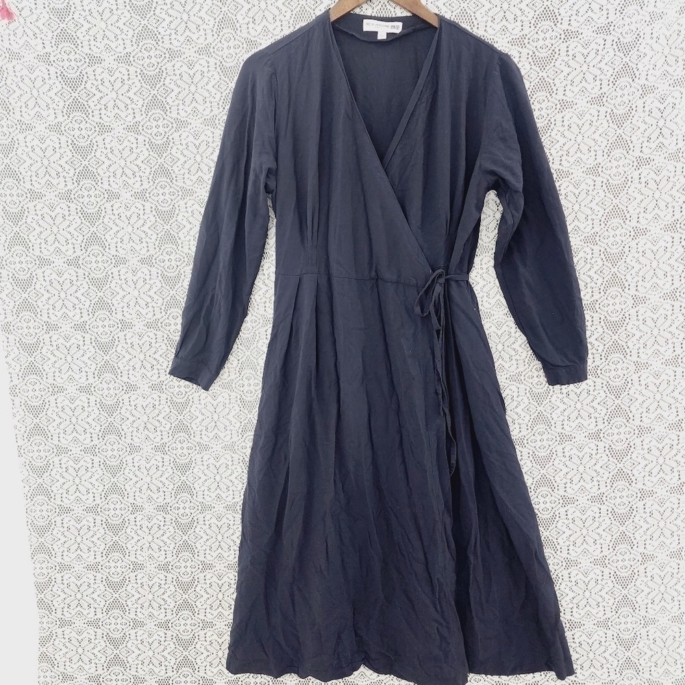 Ines De la Fressange Uniqlo wrap long sleeve Midi dress L navy blue